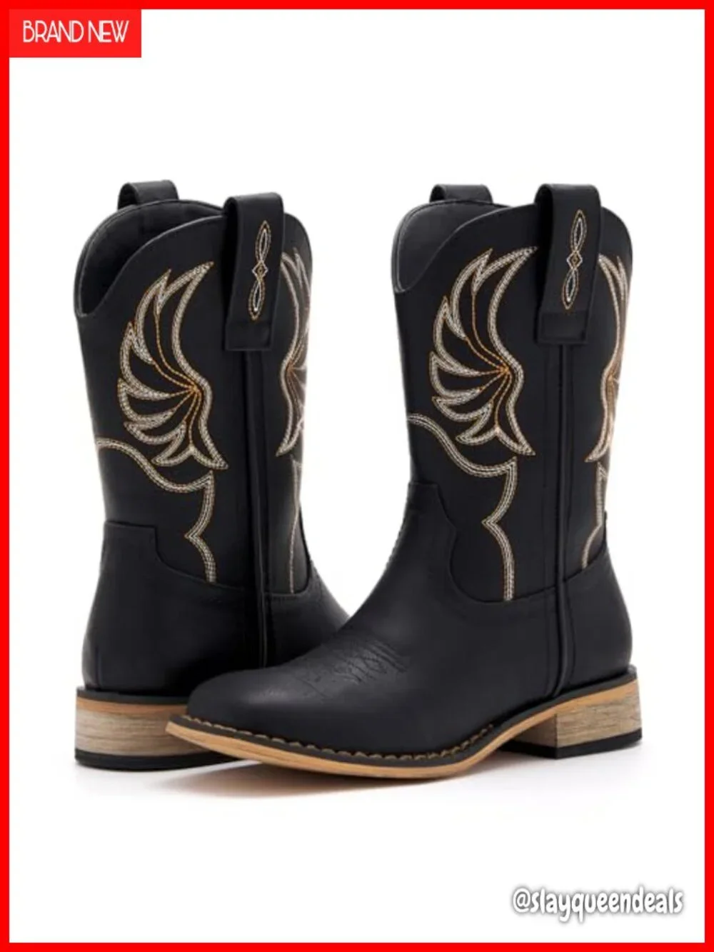Kids Western Cowboy Boots Faux Leather Square Toe Embroidered Pull-On